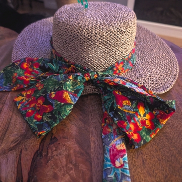 Vintage Scala Natural Rafia Straw Big Brim Sun Hat Tropical Multicolor Bow SZ SM main image 4